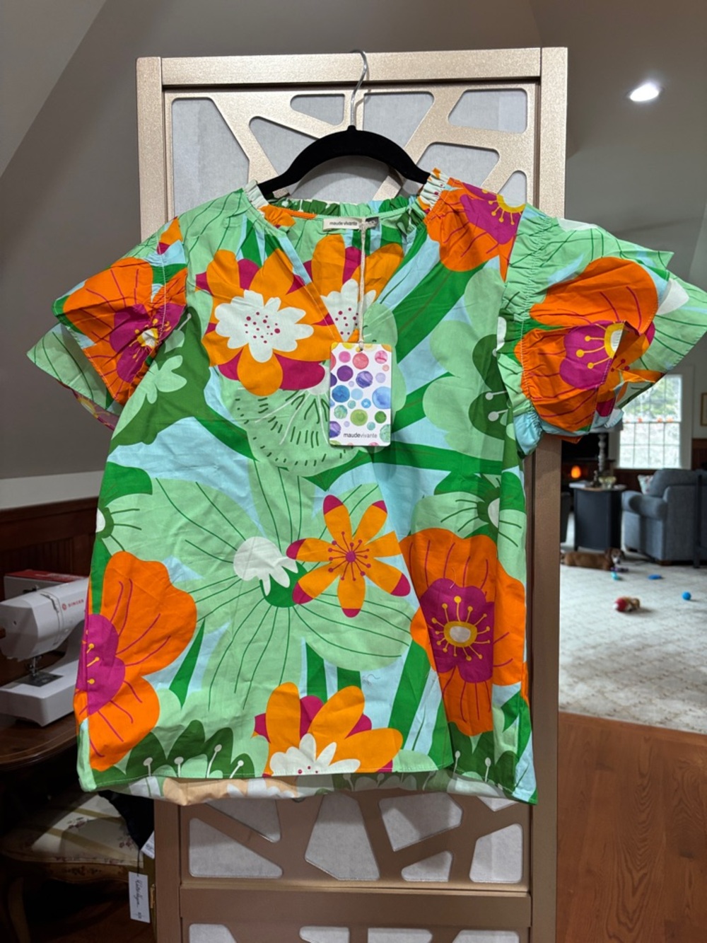 Maude Vivante Tropical Floral Puff-Sleeve Blouse in Bright Green & Orange